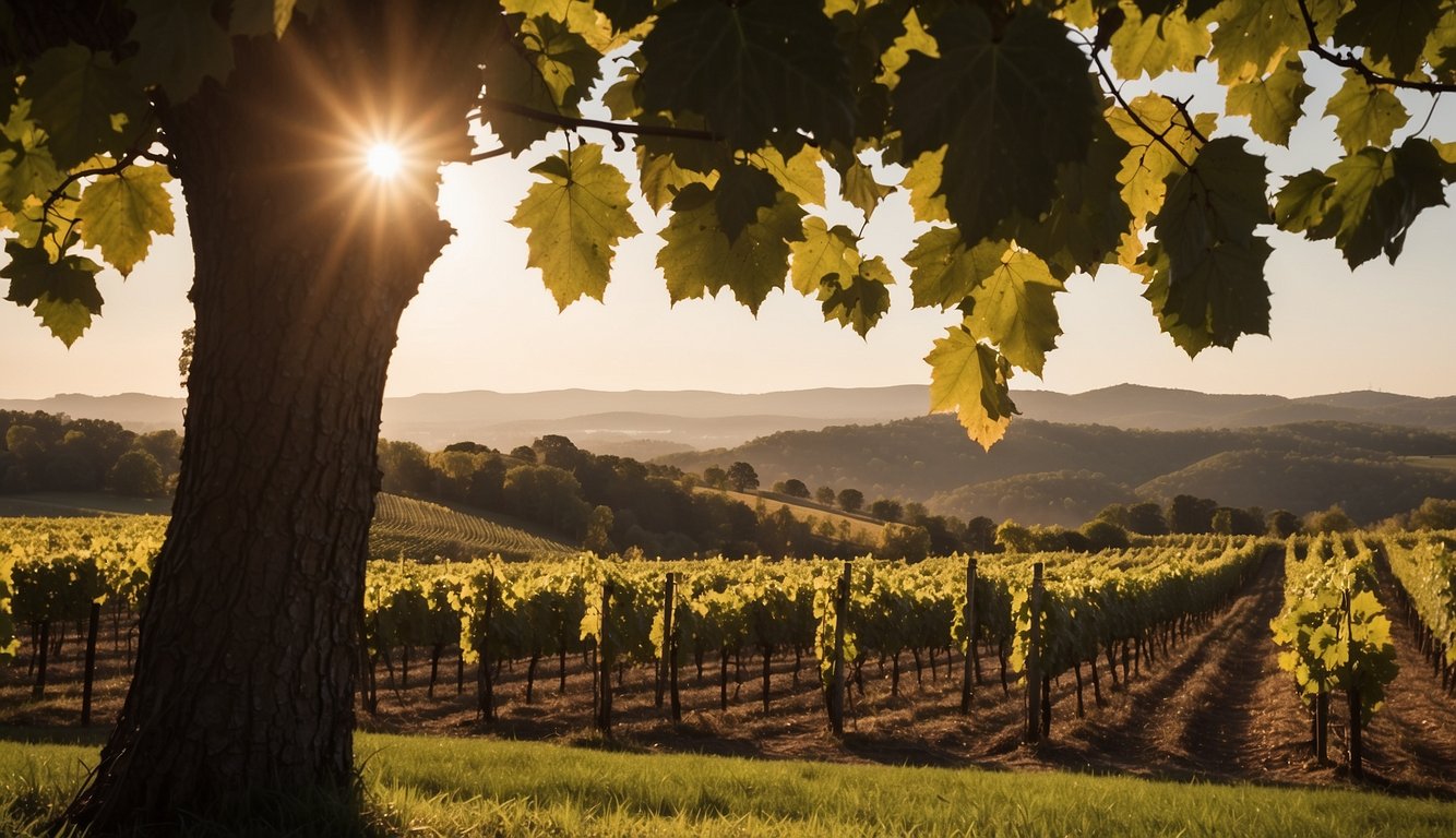 Rolling hills, lush grapevines, and rustic wineries dot the landscape of New York's top vineyards. Sunlight filters through the leaves, casting a warm glow over the picturesque scenery