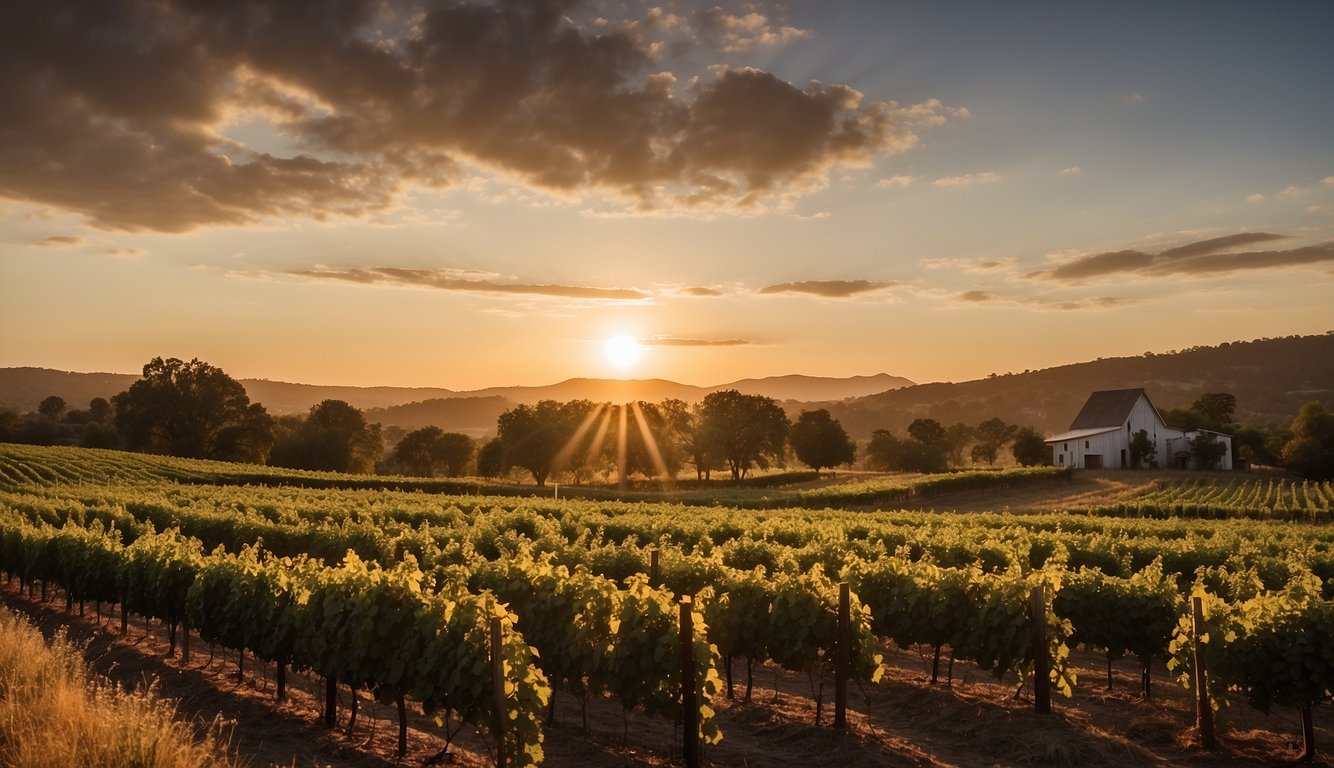 Sunset over Channing Daughters Winery, rows of grapevines stretch towards the horizon, a rustic barn and tasting room nestled among the lush greenery