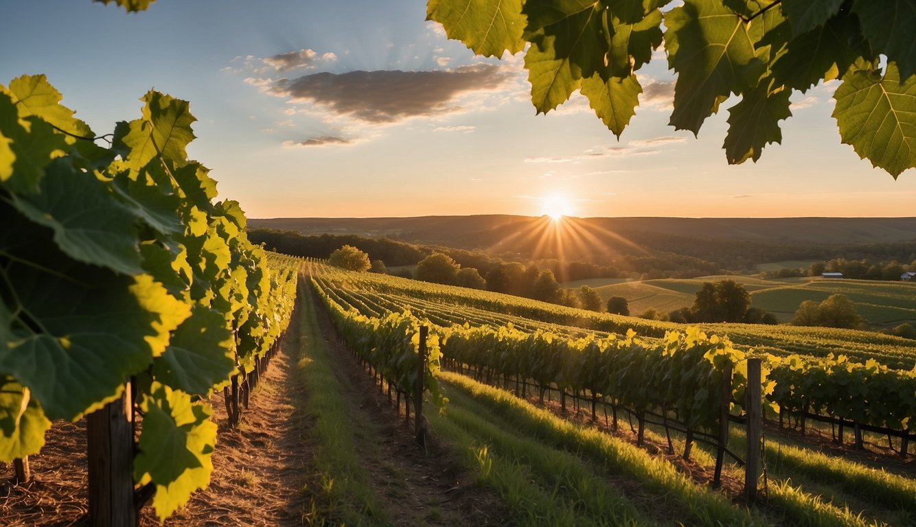 Lush green vines stretch across rolling hills, leading to a rustic winery nestled in the heart of the Finger Lakes region. The sun sets behind the picturesque Hermann J. Wiemer Vineyard, casting a warm glow over the sprawling landscape