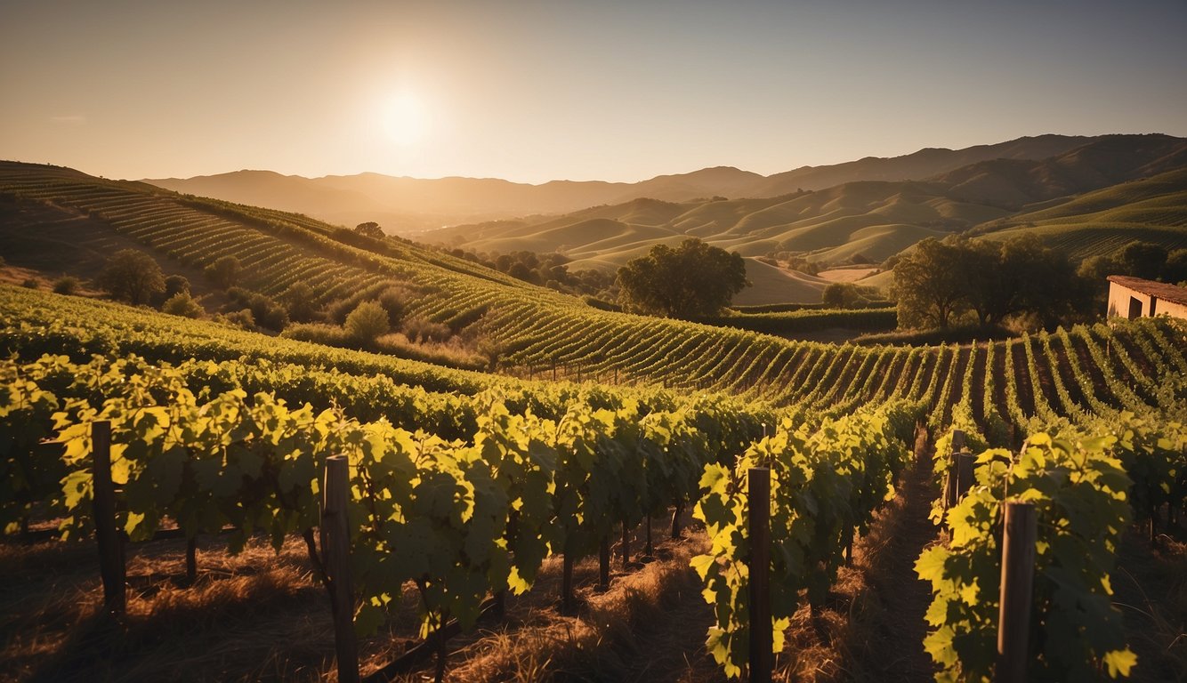 Lush green vineyards spread across rolling hills, with rows of grapevines stretching towards the horizon. A rustic winery sits nestled among the vines, with the sun casting a warm glow over the picturesque scene