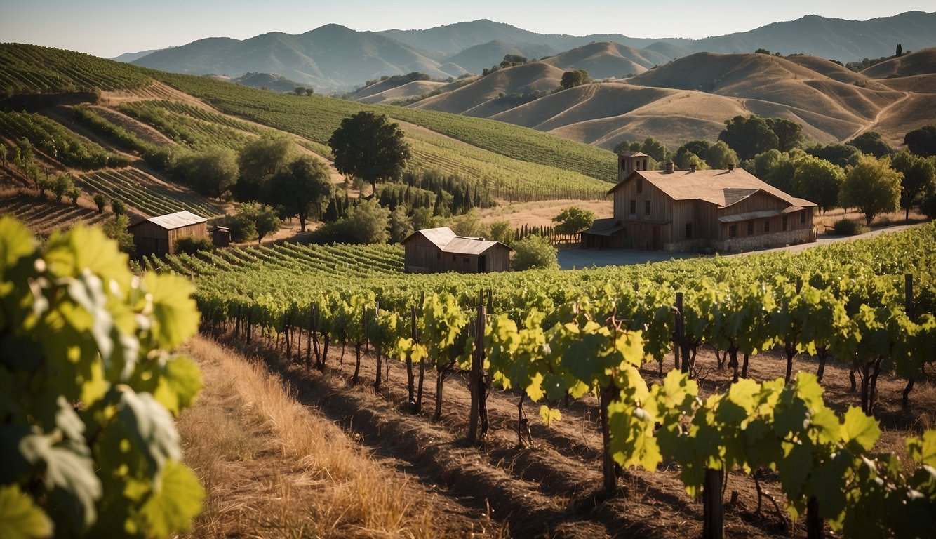 Lush vineyard landscape with rows of grapevines, rolling hills, and a rustic winery building at Shinn Estate Vineyards