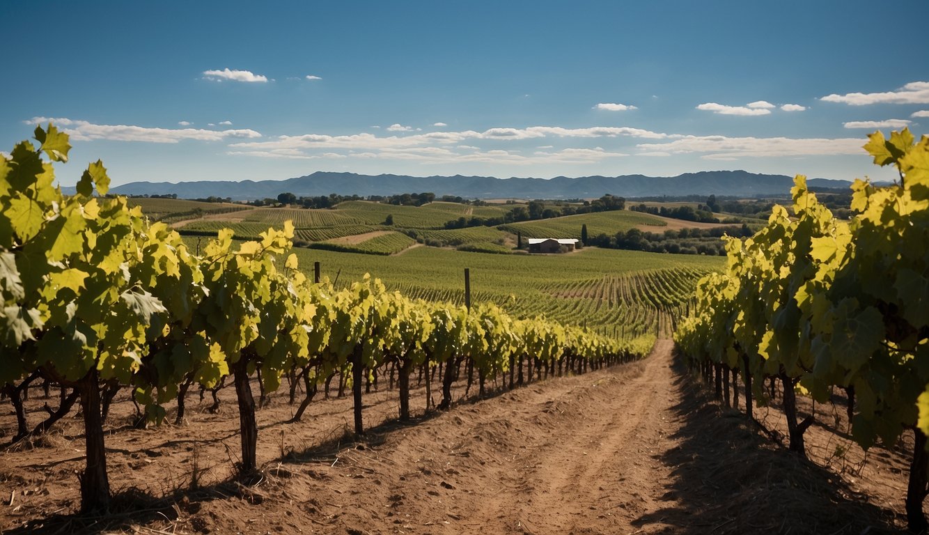 Lush vineyard rows stretch towards the horizon under a clear blue sky, with the Paumanok Vineyards sign standing proudly in the distance