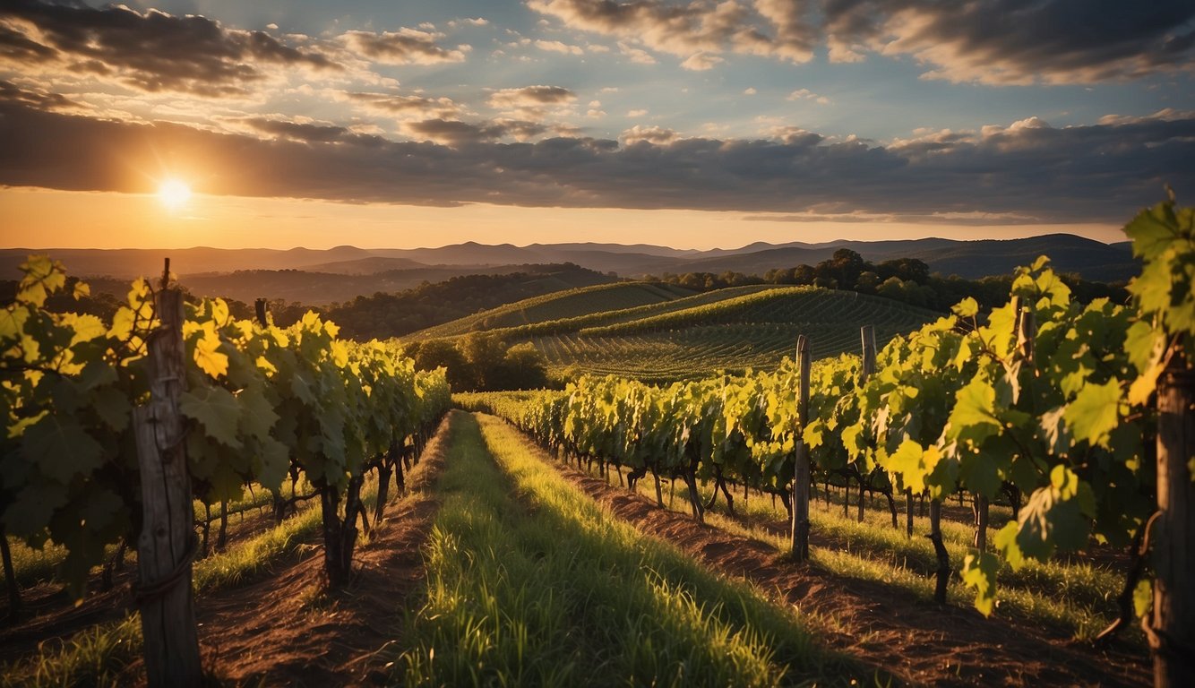 Rolling hills of lush green vineyards spread across New York's wine regions, with rustic wineries nestled among the vines. The sun sets behind the picturesque landscape, casting a warm glow over the 10 best vineyards