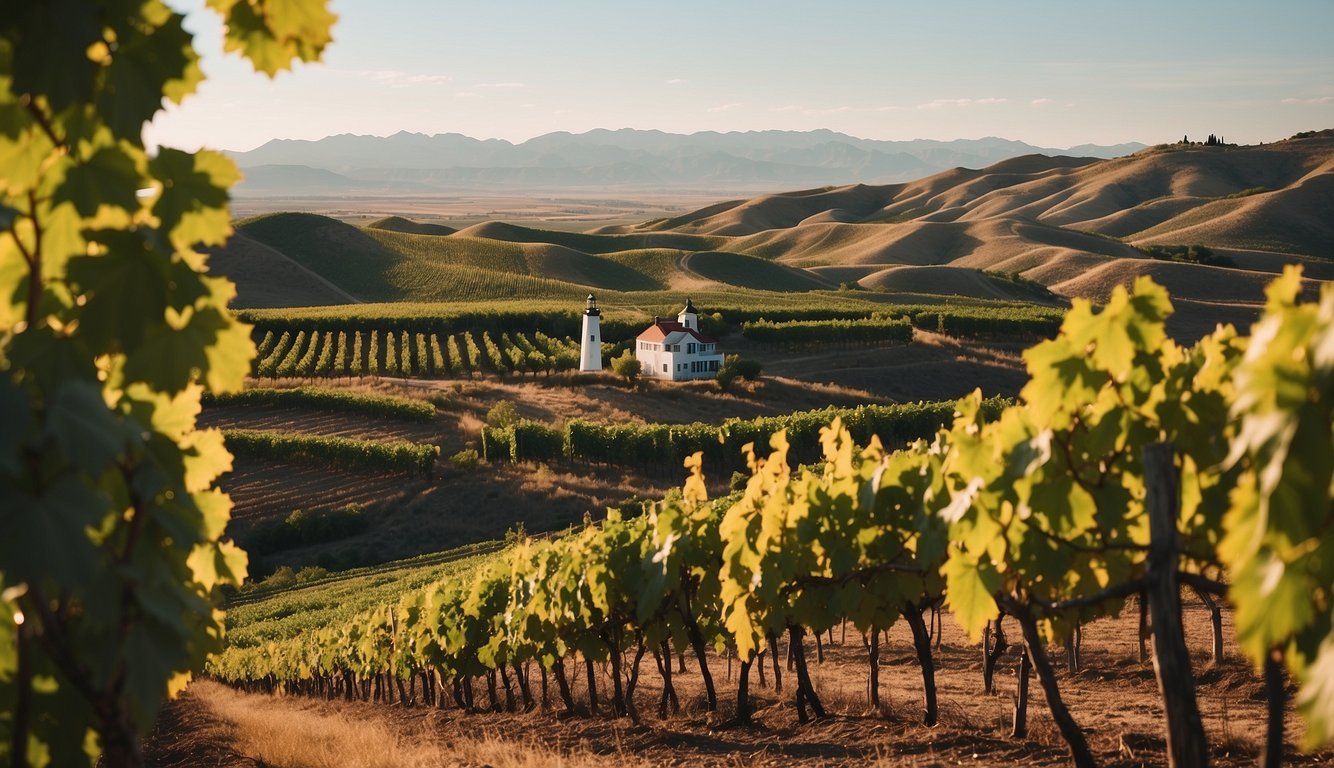 A scenic vineyard with a tall lighthouse overlooking rows of grapevines, nestled in the picturesque Utah landscape