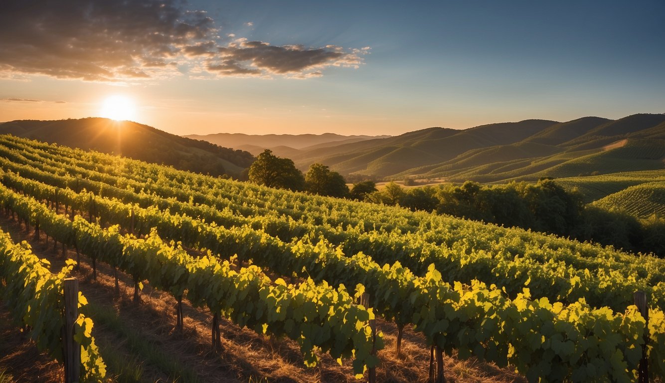 Lush green vineyards sprawl across the rolling hills of West-Whitehill Winery, bathed in the warm glow of the setting sun. The rows of grapevines create a picturesque scene against the backdrop of the West Virginia mountains