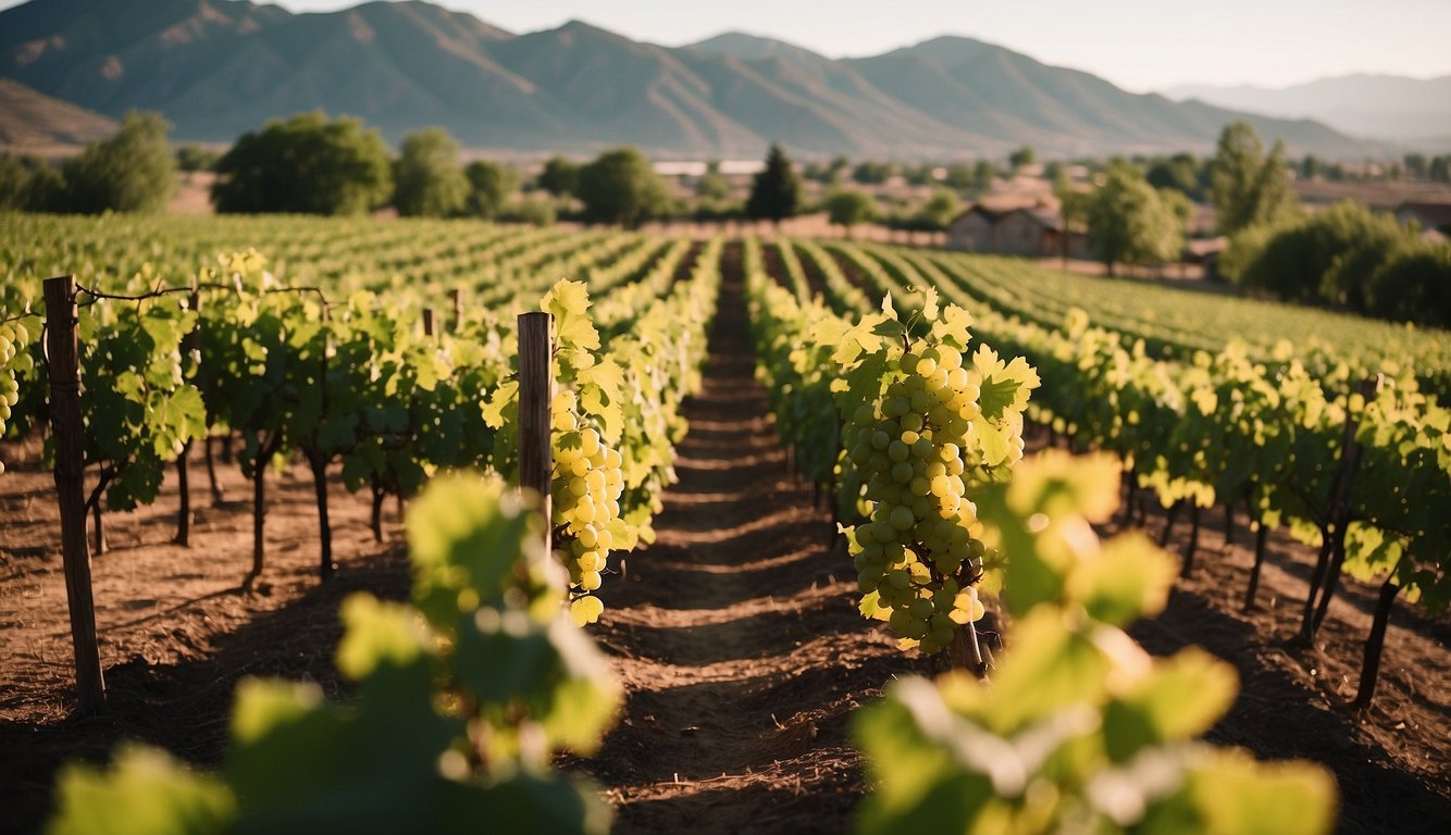 Lush vineyards stretch across the Utah landscape, with rows of grapevines basking in the warm sunlight, surrounded by the rustic charm of Old Town Cellars