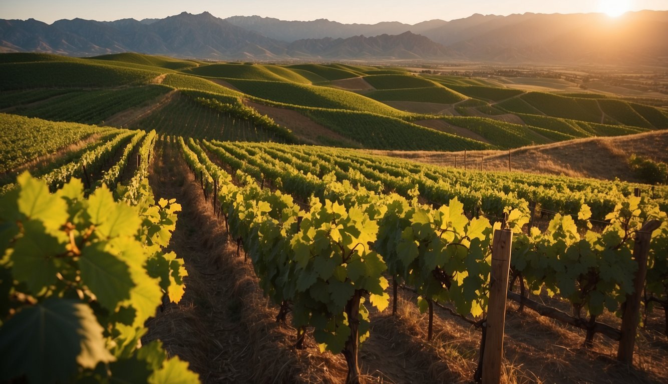 Lush green vineyards spread across Utah's rolling hills, each with rows of grapevines stretching towards the horizon. The sun sets behind the mountains, casting a warm glow over the picturesque landscape