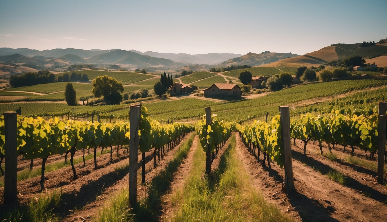 Lush vineyard with rolling hills, vibrant green grapevines, and a rustic farmhouse nestled in the background