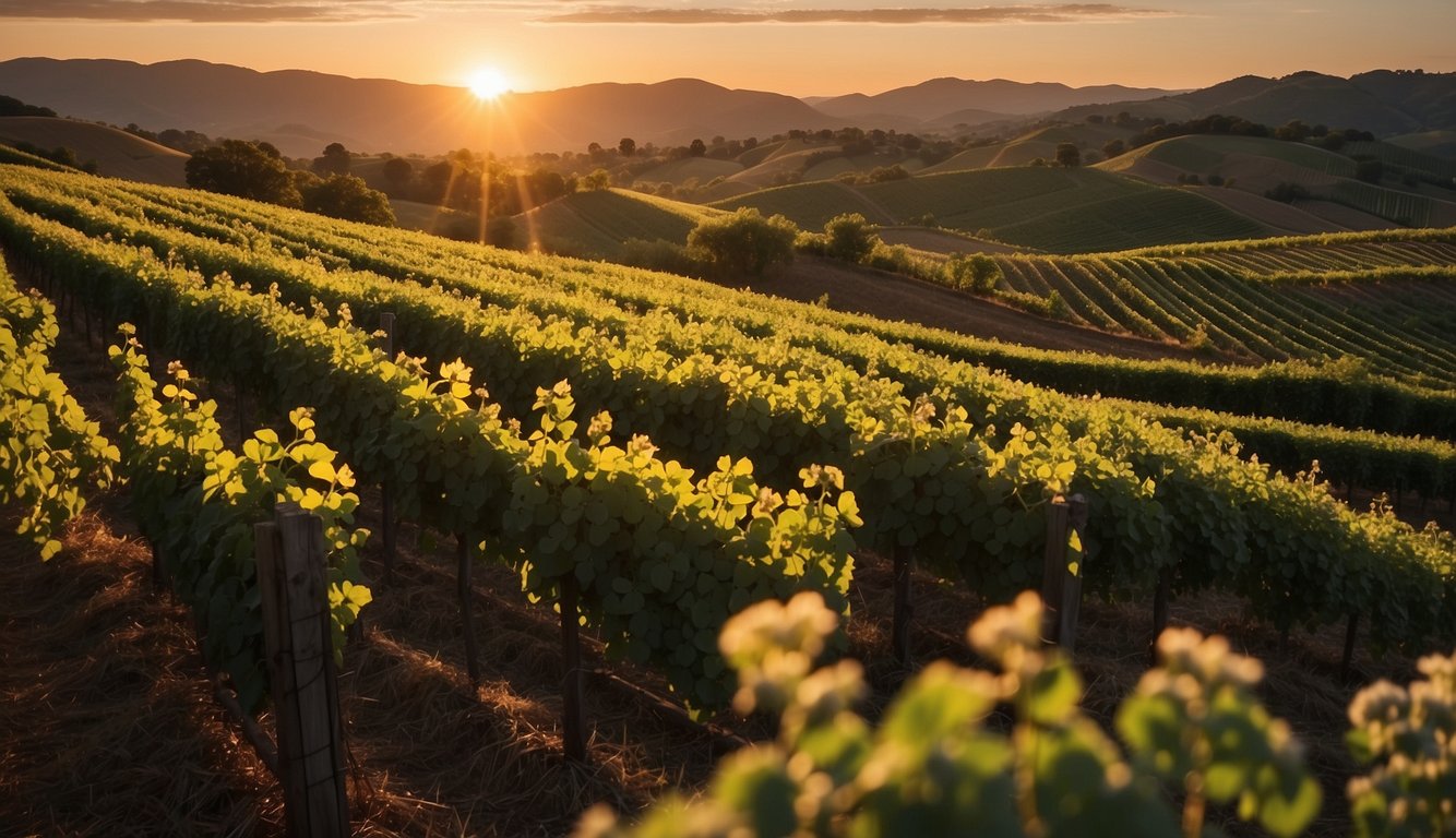 Lush green vineyards sprawl across rolling hills, with vibrant red clover interspersed throughout. The sun sets behind the picturesque landscape, casting a warm glow over the rows of grapevines