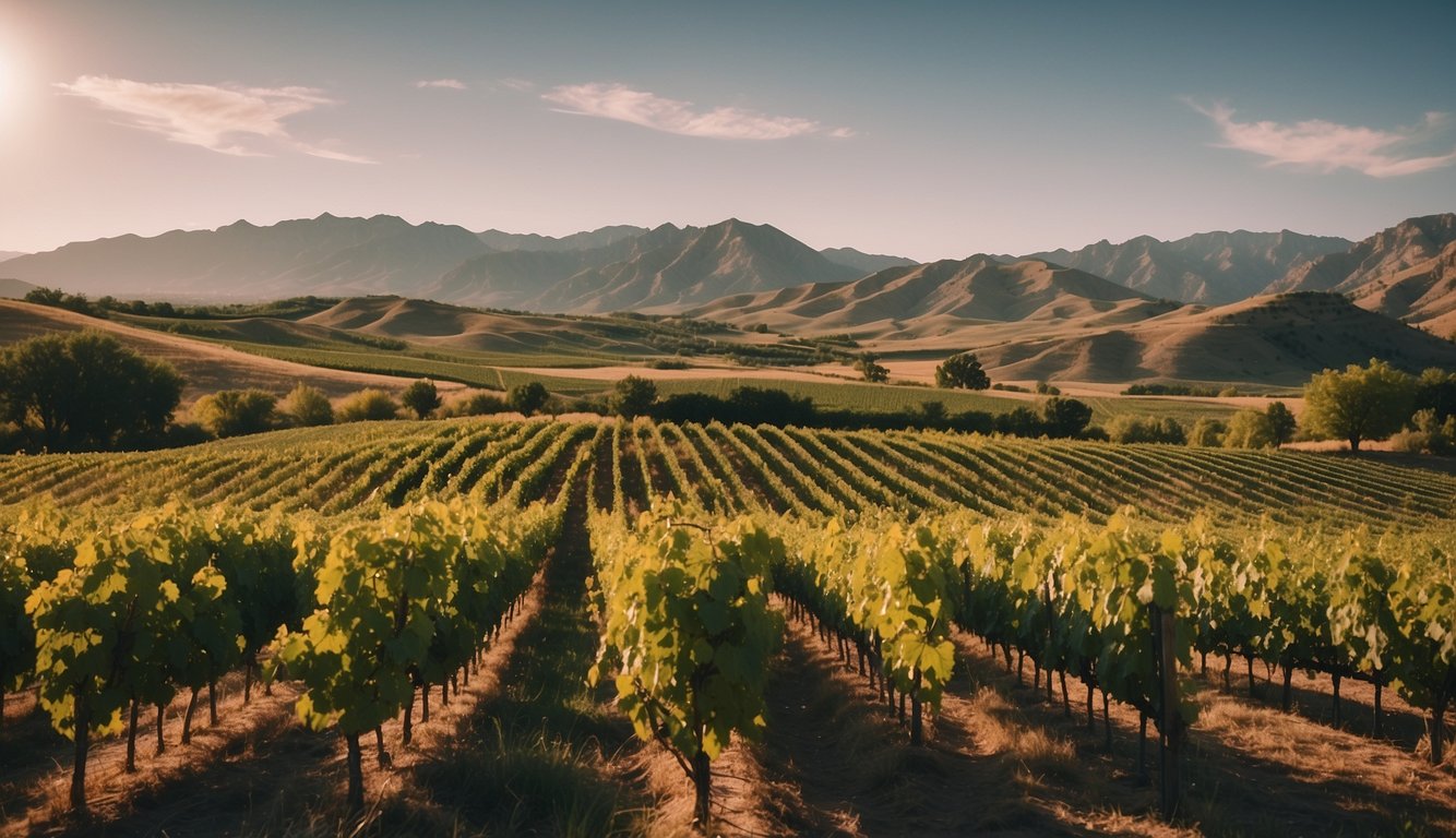 A picturesque vineyard nestled in the Uintah Basin, surrounded by rolling hills and lush green vines, with a backdrop of the Utah mountains