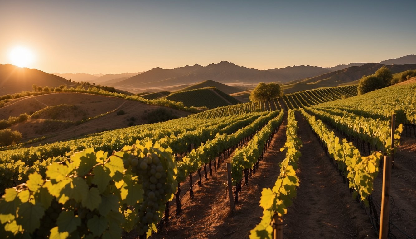 Rolling hills of vineyards in Utah, with rows of grapevines stretching into the distance. The sun sets behind the mountains, casting a warm glow over the lush green vines