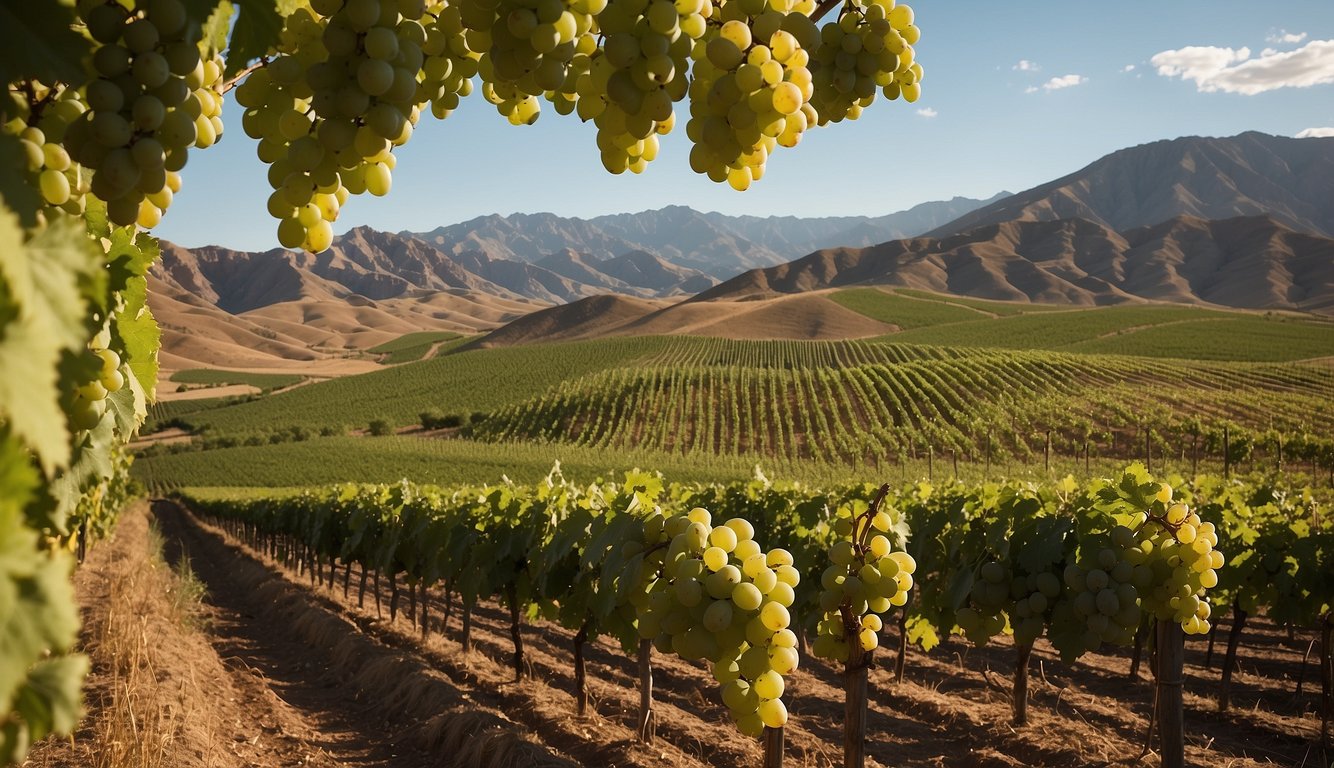 Rolling hills of lush green vineyards under the warm Utah sun, surrounded by majestic mountains and clear blue skies. A peaceful and serene setting, with rows of grapevines stretching into the distance