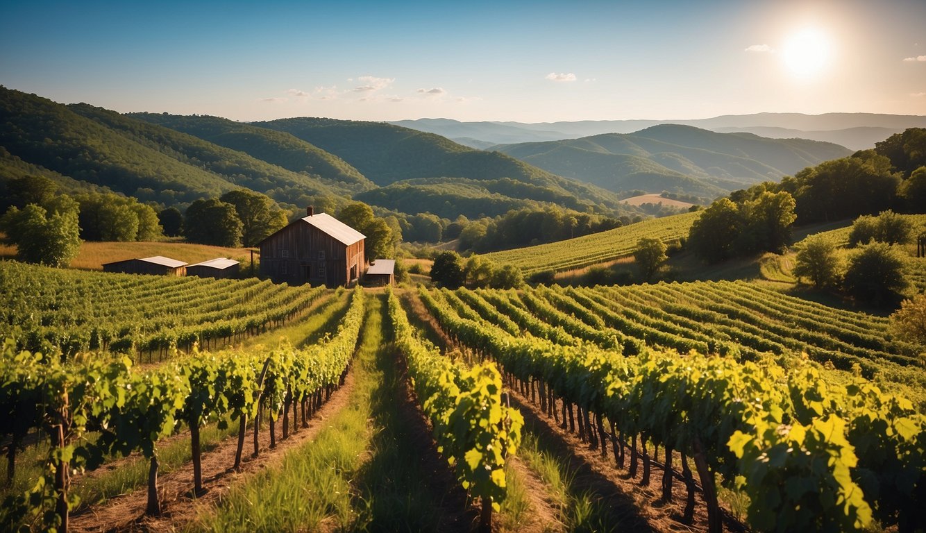 Rolling hills, lush green vines, and a rustic winery nestled in the countryside of West Virginia. A clear blue sky and the warm glow of the sun illuminate the picturesque vineyard