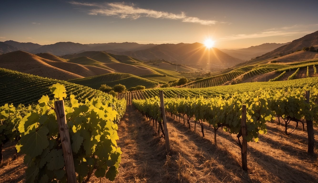 Lush vineyards spread across rolling hills at Carmel Canyon Winery, one of Utah's top 10 vineyards. The sun sets behind the mountains, casting a warm glow over the rows of grapevines