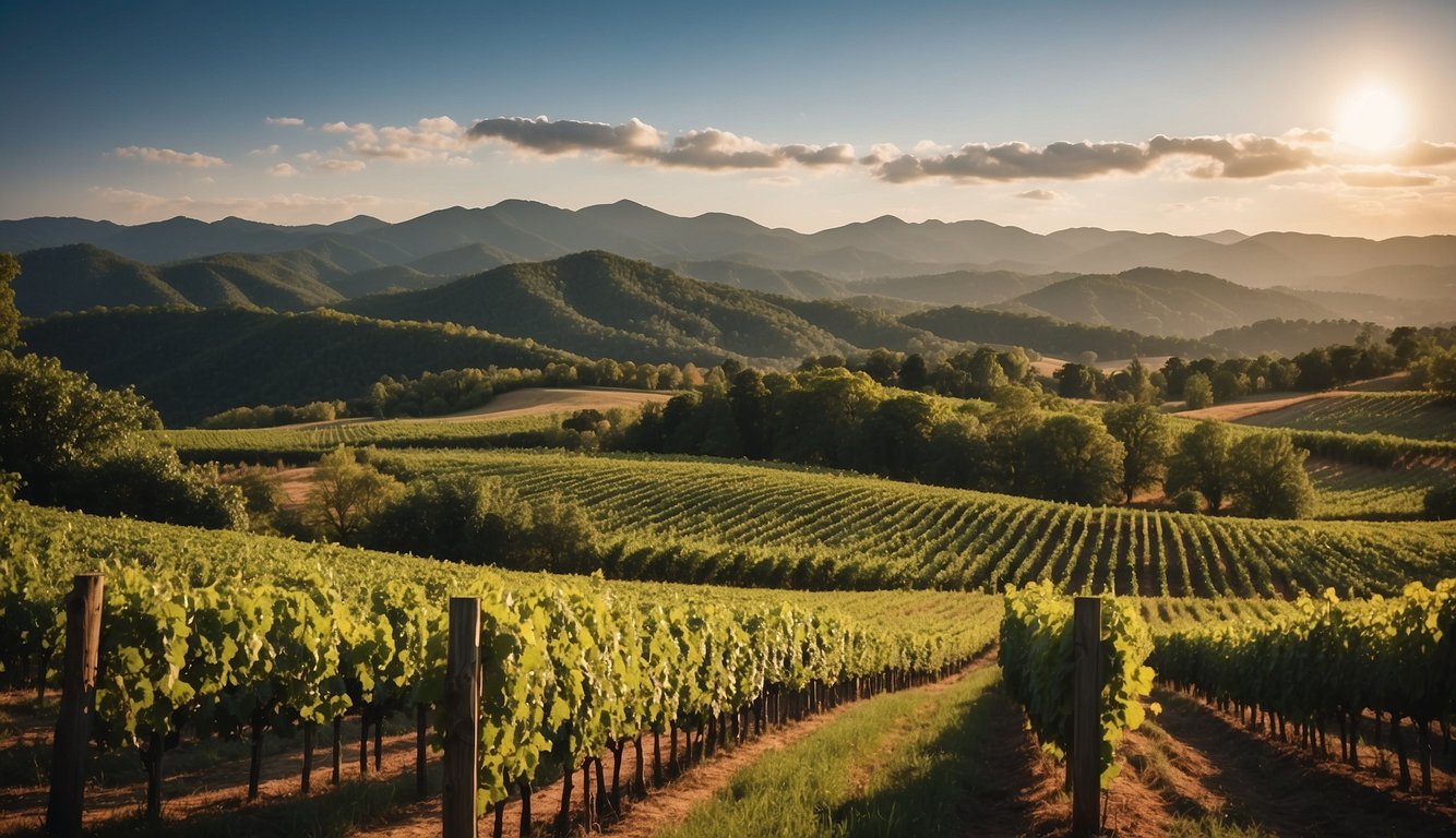 Lush green vineyards stretch across rolling hills at Kaya Vineyard and Winery, with a picturesque backdrop of the North Georgia mountains