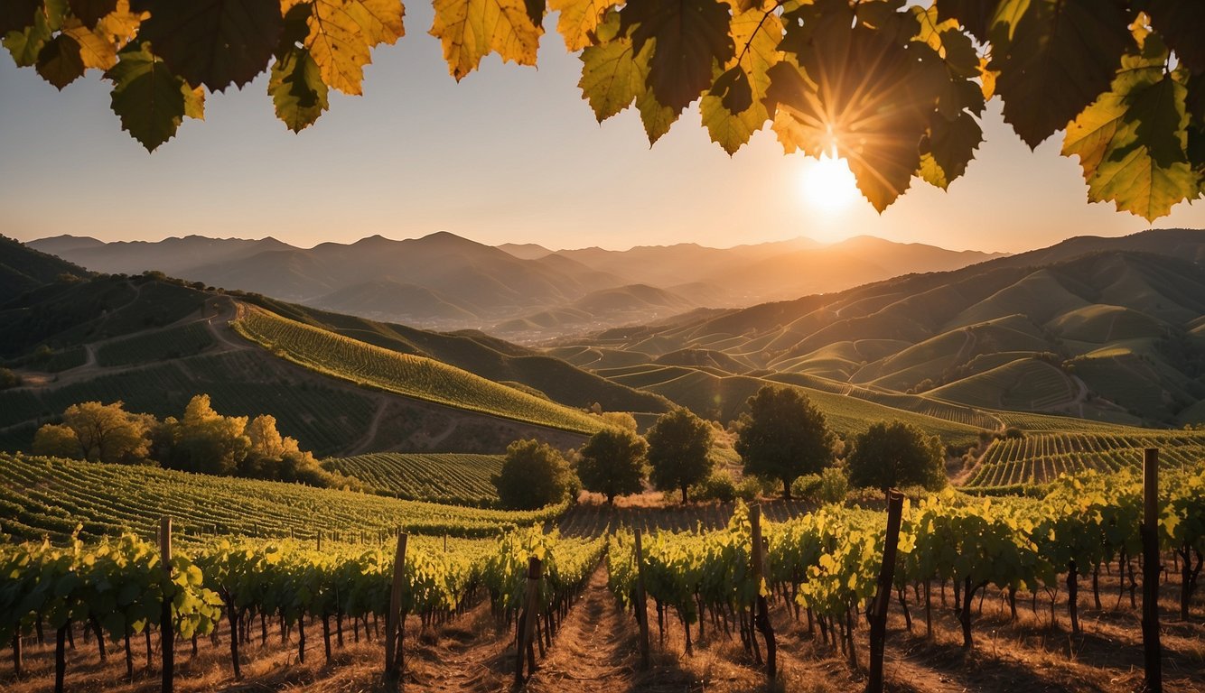 Rolling hills, lush vineyards, and a grand winery nestled at the base of Wolf Mountain. The sun sets behind the mountains, casting a warm glow over the picturesque landscape