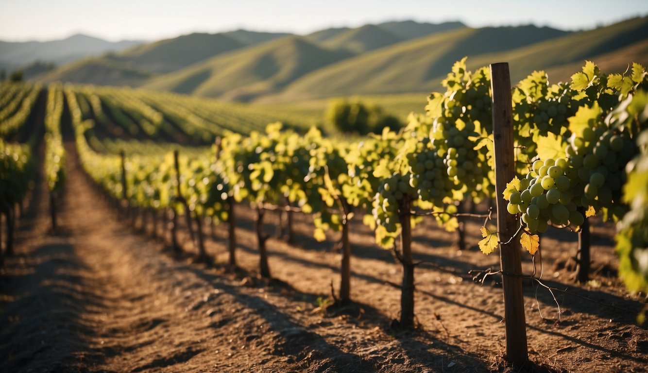 Lush vineyards sprawl across rolling hills, dotted with rows of grapevines. A rustic tasting room overlooks the scenic landscape, inviting visitors to sample the finest wines