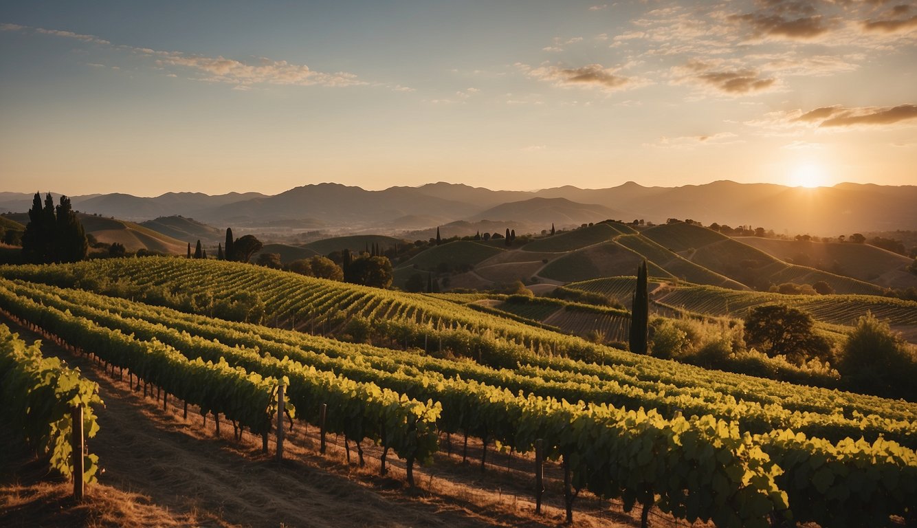 Rolling hills covered in lush vineyards, with quaint wineries nestled among the rows of grapevines. The sun sets behind the mountains, casting a warm glow over the picturesque landscape