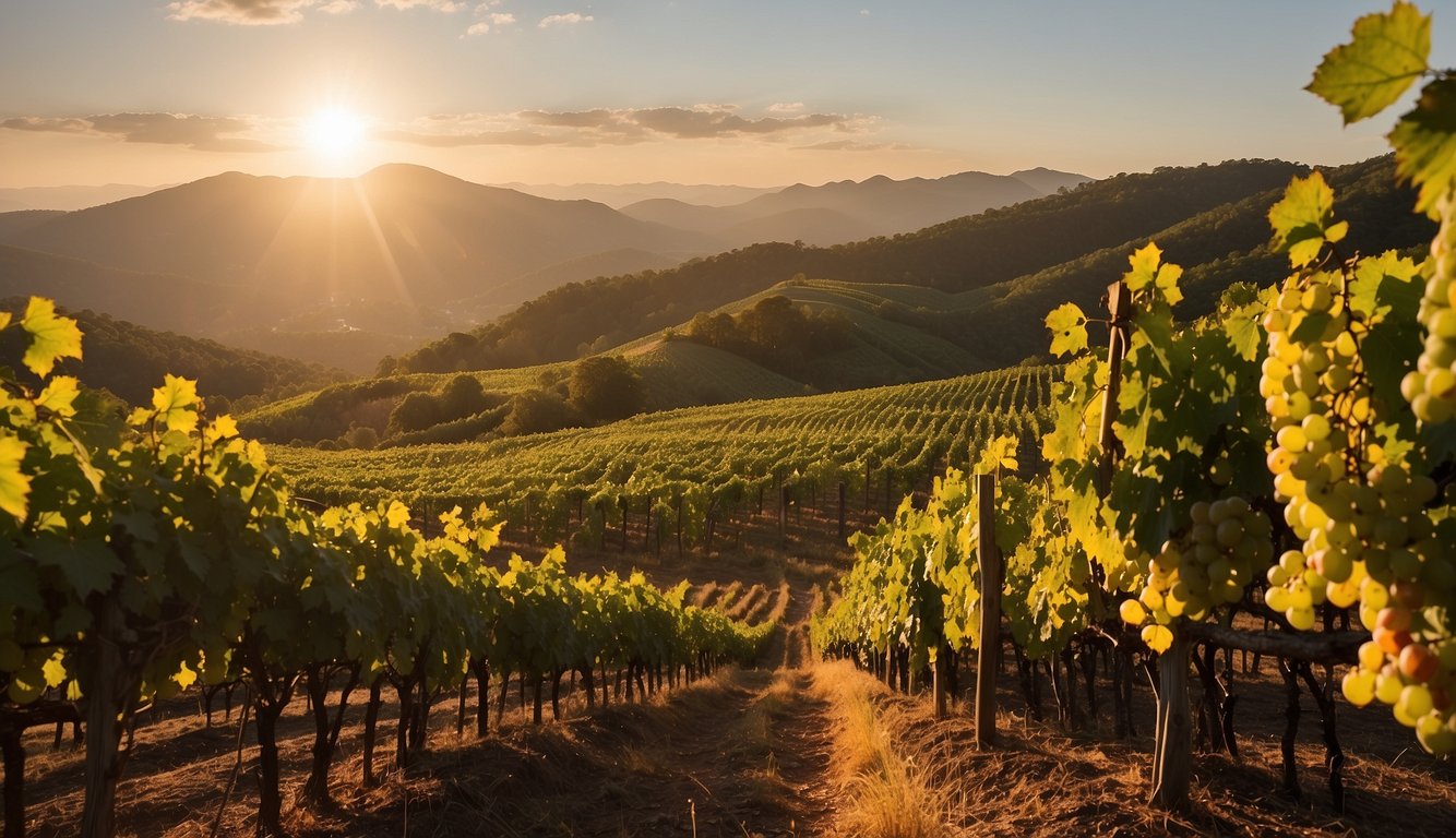 Lush vineyard rows cascade down Tiger Mountain, nestled in the Georgia hills. The sun sets behind the grapevines, casting a warm glow over the picturesque landscape