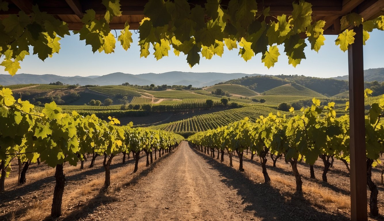 A picturesque vineyard at Montaluce Winery & Restaurant, with rows of lush grapevines and a stunning backdrop of rolling hills