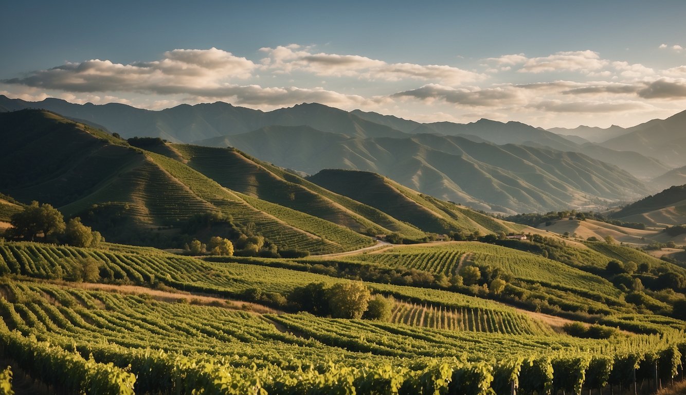 Lush green vineyards sprawl across rolling hills, framed by a backdrop of majestic mountains and a cloud-dotted sky