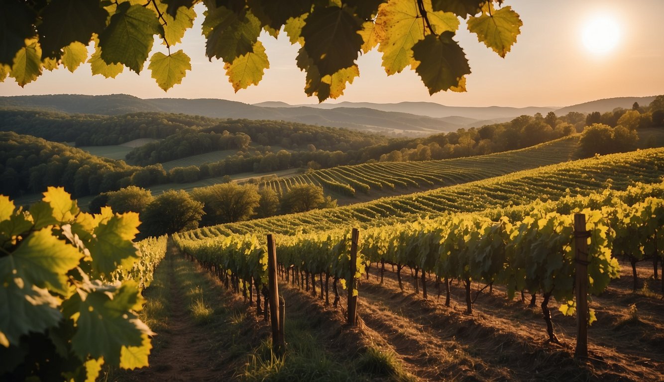 Rolling hills, lush grapevines, and charming wineries dot the landscape of West Virginia's top vineyards. The sun sets over the picturesque scenery, casting a warm glow on the rows of grapevines