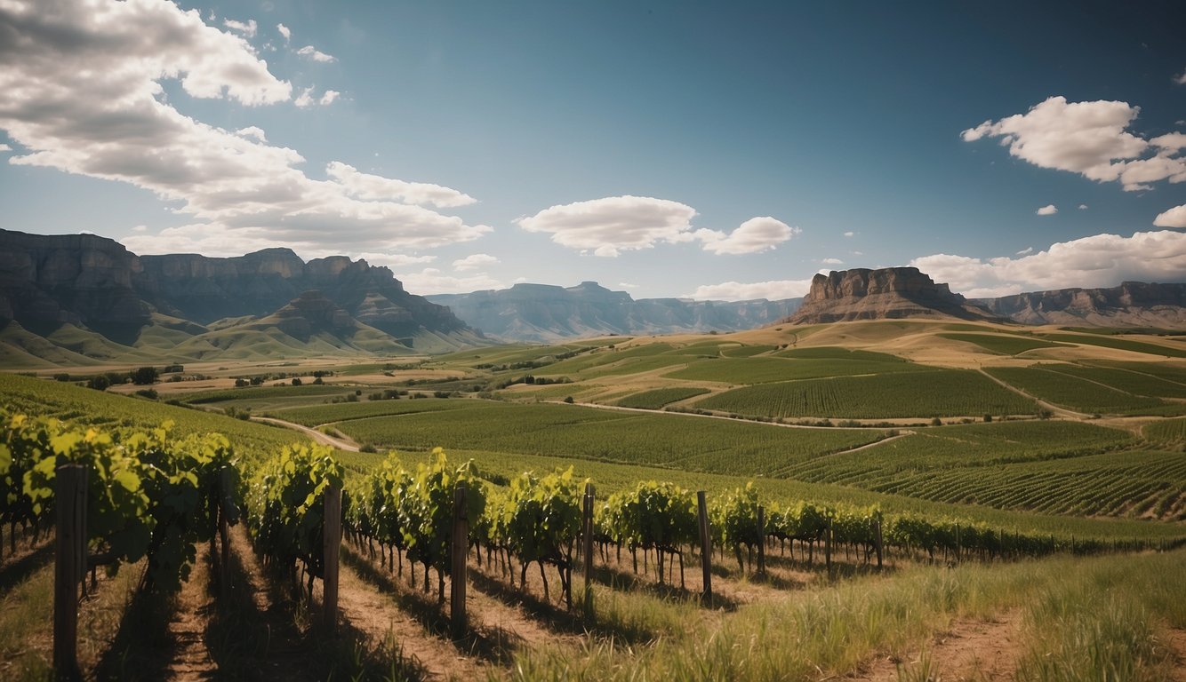 Lush green vineyards spread across rolling hills, with a backdrop of the majestic Table Mountain in Wyoming
