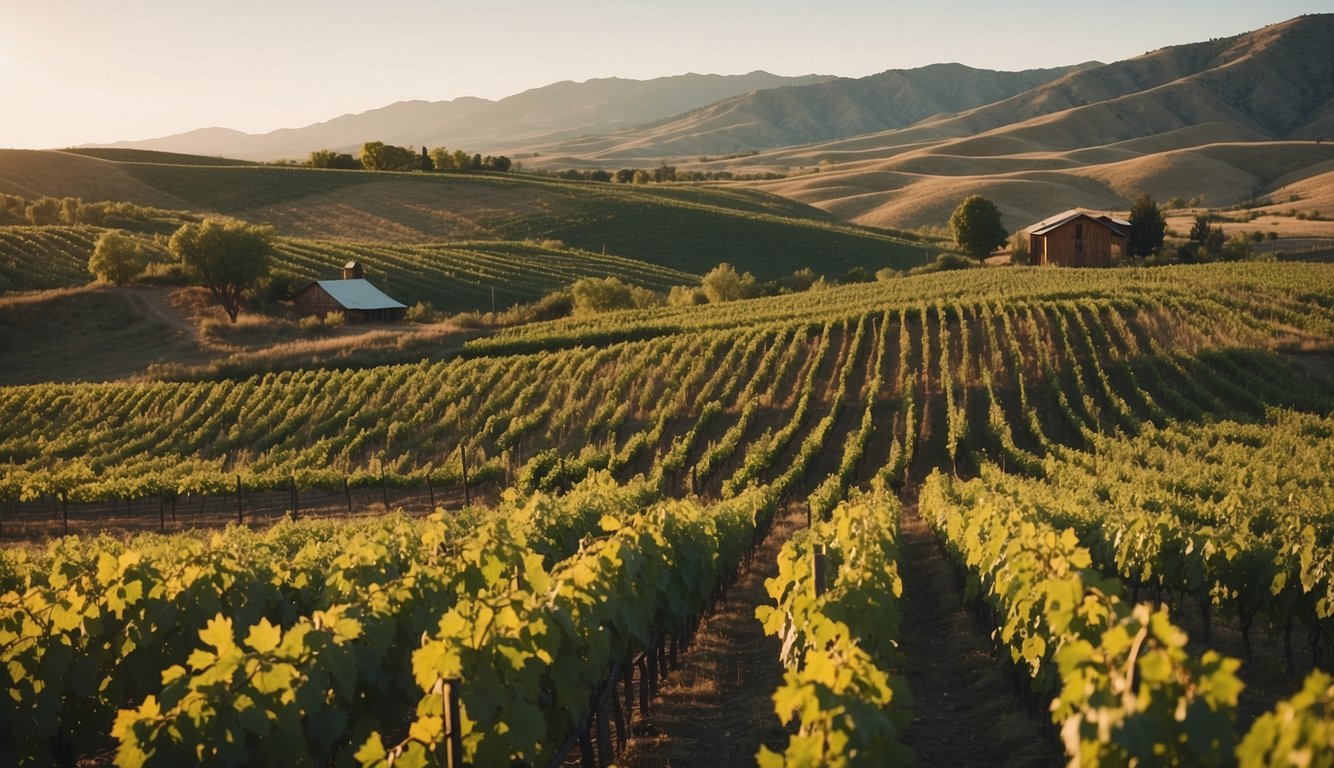 Lush green vineyards spread across rolling hills, with rows of grapevines stretching into the distance. A rustic winery sits nestled among the vines, surrounded by the natural beauty of Wyoming