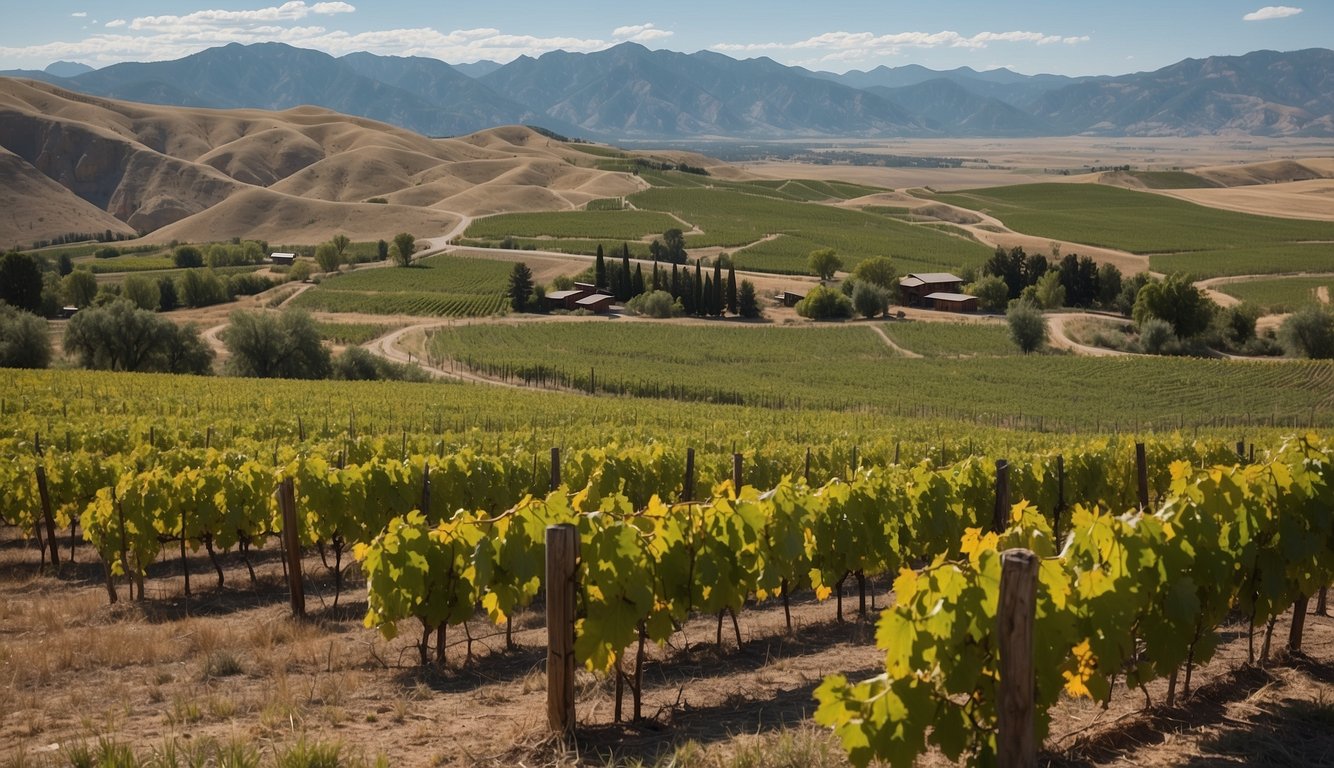 Rolling hills of vineyards stretch across the Wyoming landscape, with rows of grapevines soaking up the sun. A rustic winery sits nestled in the midst of the lush greenery, offering a picturesque setting for wine enthusiasts
