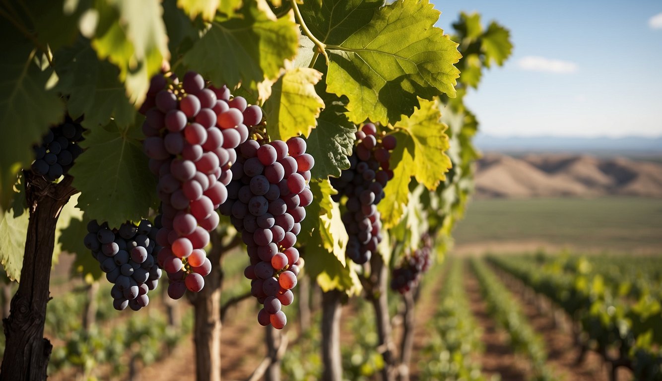 Lush green vineyards sprawl across the rolling hills of Chugwater, Wyoming. Grapes dangle from the vines, soaking up the warm sunlight. A rustic winery sits nestled among the rows of vines, offering a picturesque view of the