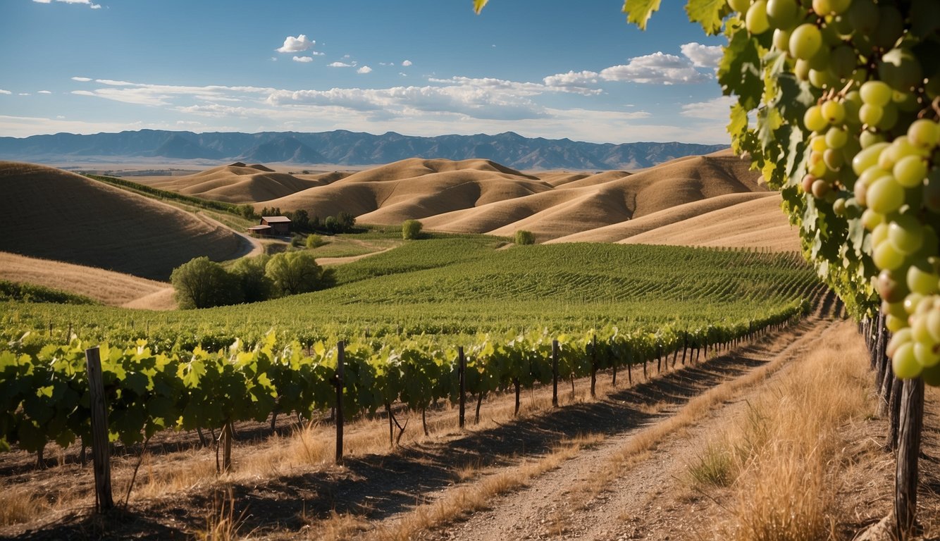 Rolling hills of Dornblaser Vineyard in Wyoming, with rows of lush grapevines stretching towards the horizon under a clear blue sky