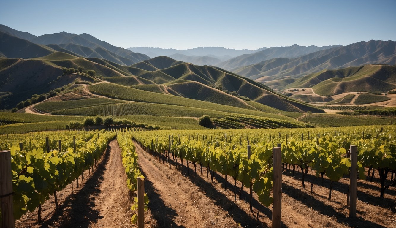 Rolling hills covered in rows of grapevines, with a backdrop of rugged mountains and a clear blue sky. Each vineyard is unique in design and layout, offering a variety of scenic views
