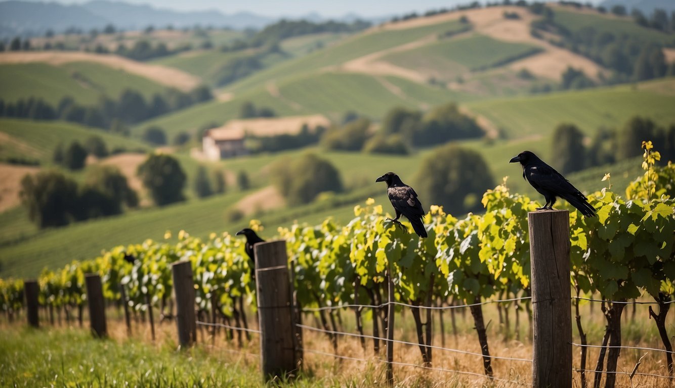 Lush green vineyard with rolling hills, a rustic winery building, and three majestic crows perched on the fence
