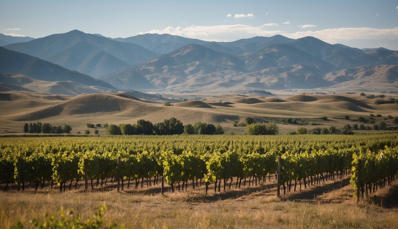 Rolling hills of Wyoming, dotted with lush vineyards. Grapes glisten in the sun, ready for harvest. Mountains loom in the distance, providing a stunning backdrop