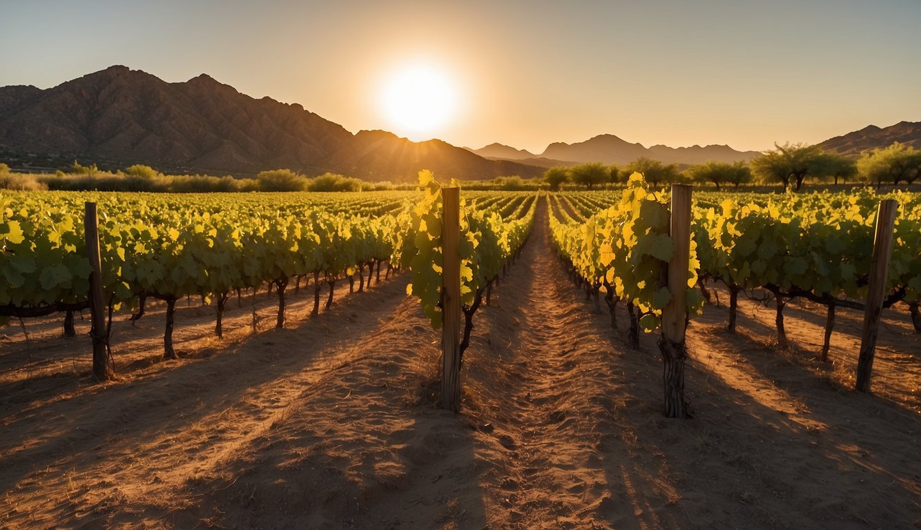 Sunset bathes Arizona Stronghold Vineyards in warm golden light, casting long shadows over the rows of lush grapevines. The rugged desert landscape provides a stunning backdrop to the 10 best vineyards in Arizona