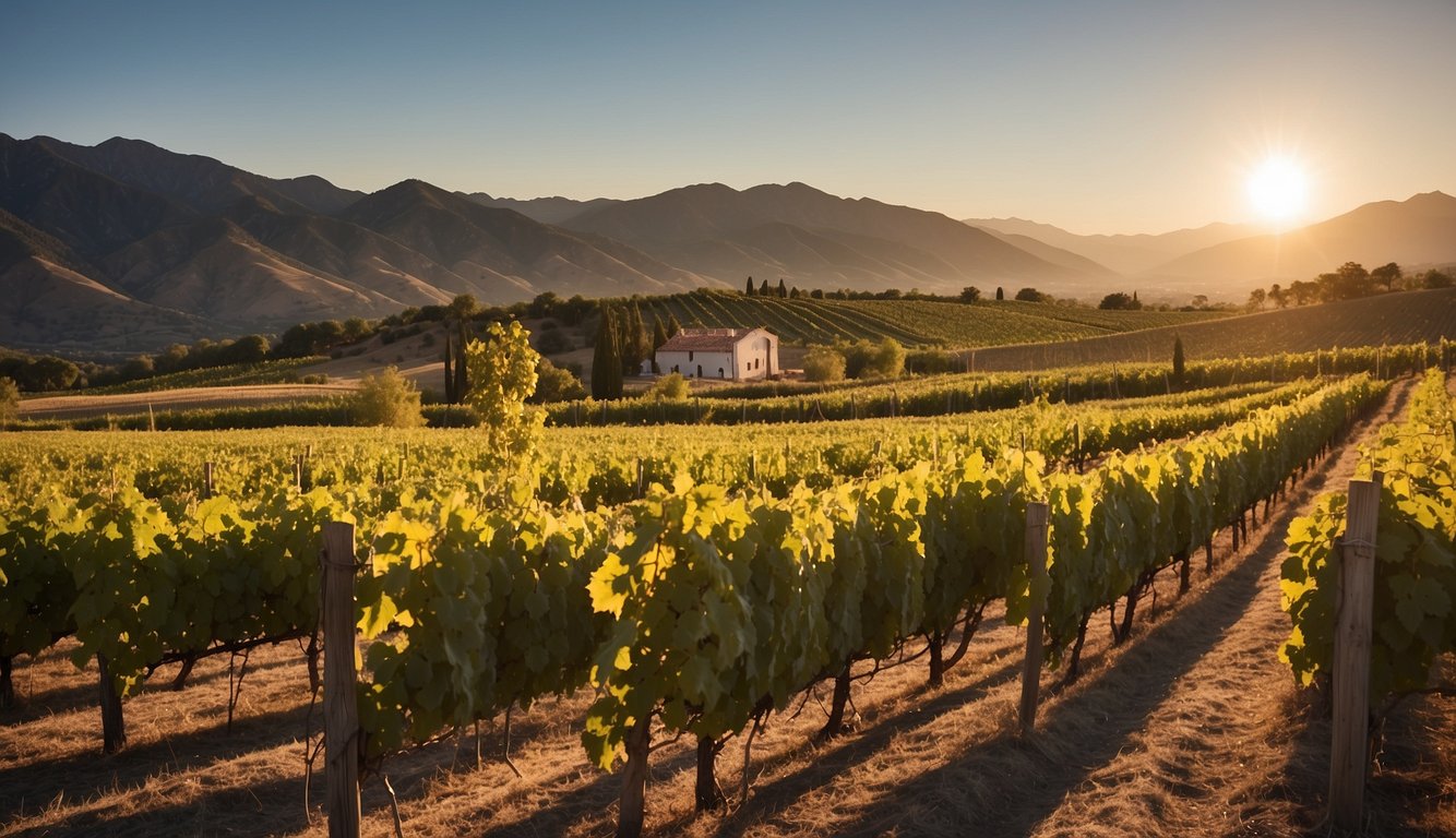 Rolling hills surround Chateau Tumbleweed, with rows of lush grapevines stretching into the distance. The sun sets behind the mountains, casting a warm glow over the picturesque vineyard