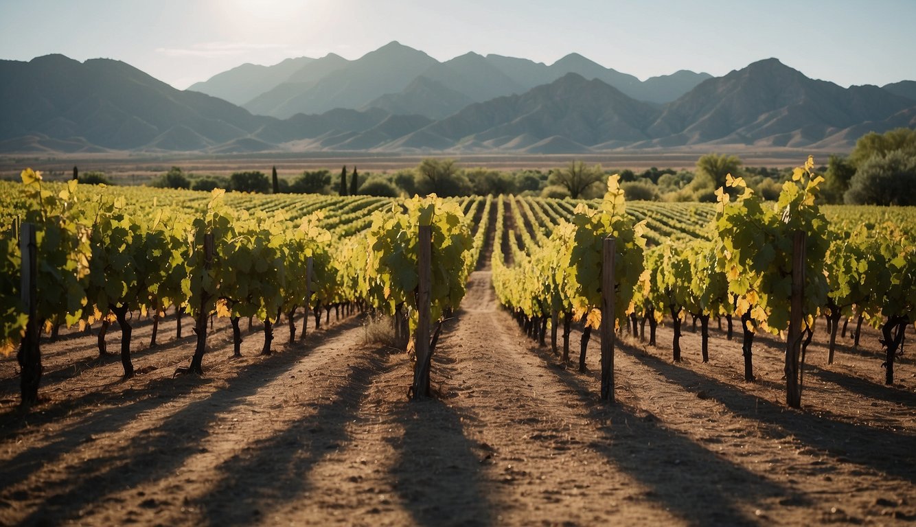 Lush vineyard rows stretch across the Arizona landscape, with the Caduceus Cellars sign standing proudly in the distance