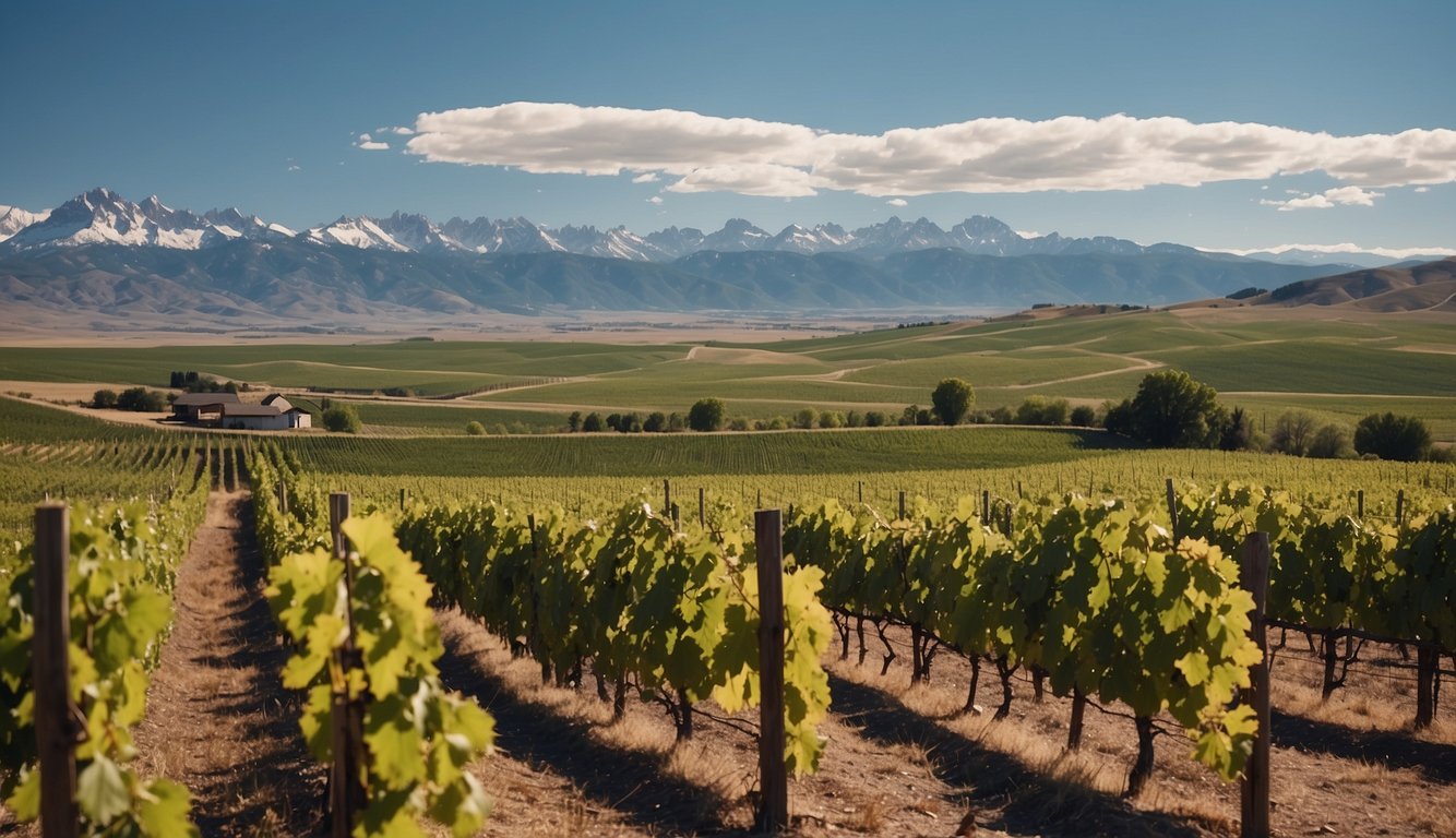 Lush vineyards sprawl across the Wyoming landscape, rows of grapevines basking in the sun. A rustic winery stands in the distance, surrounded by rolling hills and snow-capped mountains