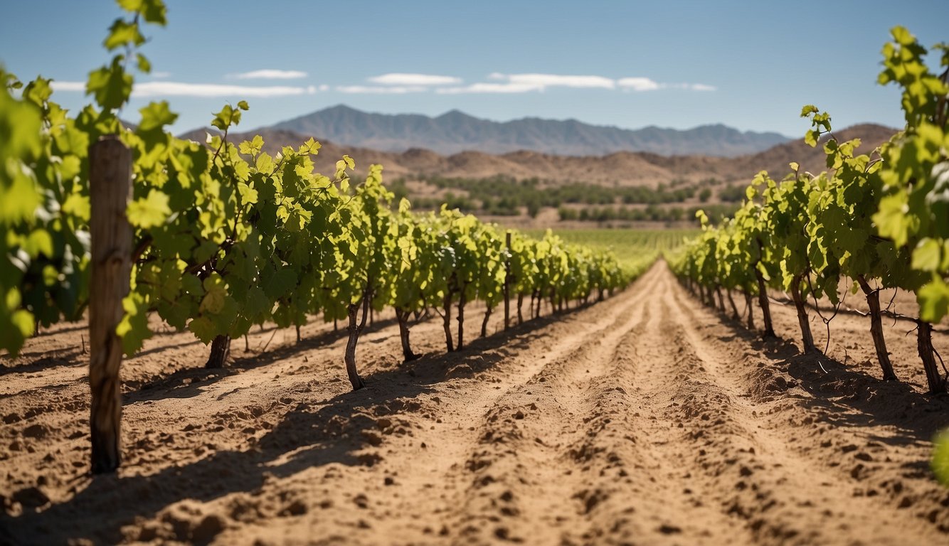 Lush green vines stretch across the rolling hills of Sand-Reckoner Vineyards, basking in the warm Arizona sun. The rich soil and clear blue skies create the perfect backdrop for a picturesque vineyard scene