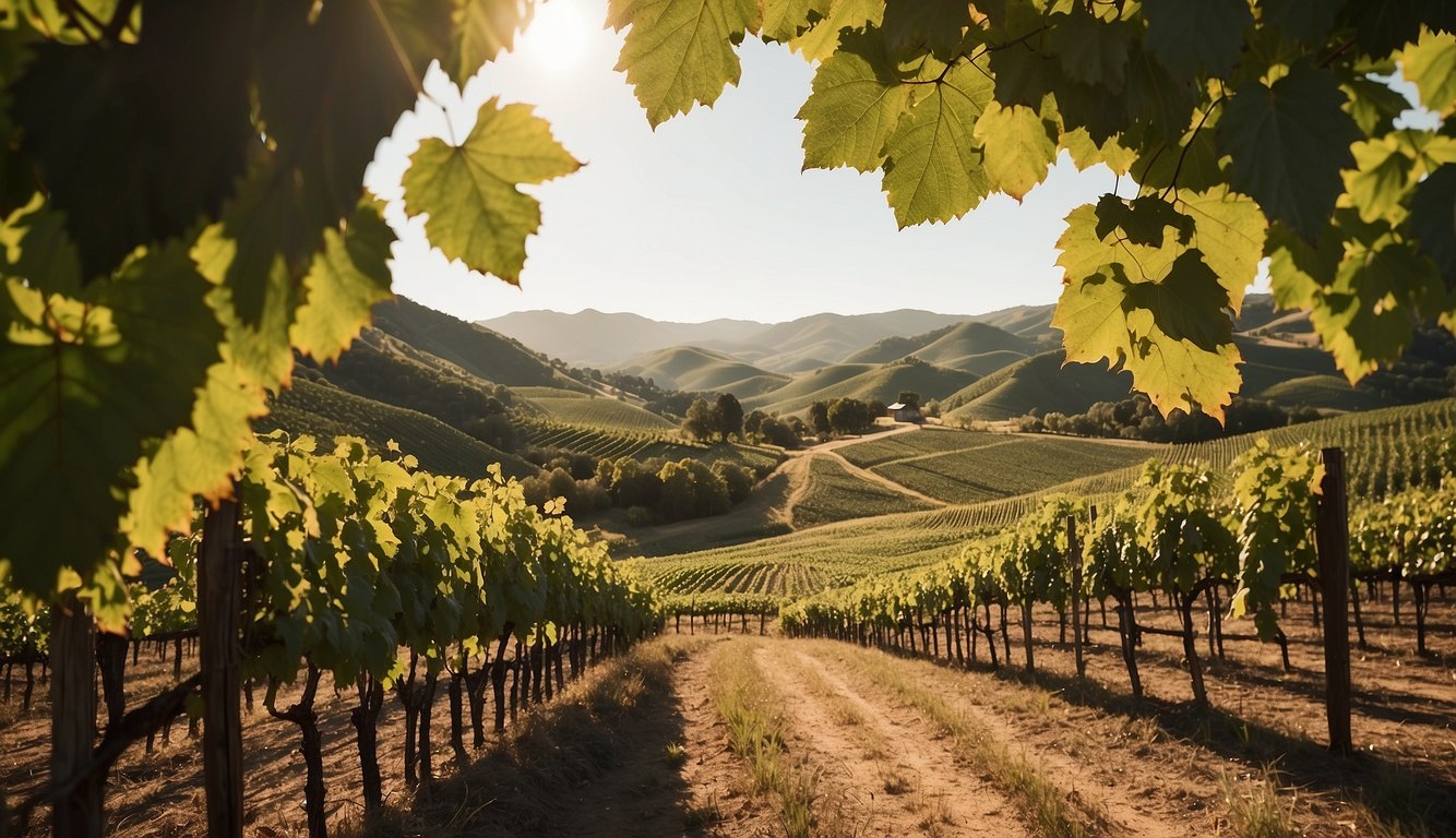 Lush vineyard with rolling hills, rows of grapevines, and a rustic distillery building nestled among the greenery. Sunlight filters through the leaves, casting a warm glow over the picturesque scene