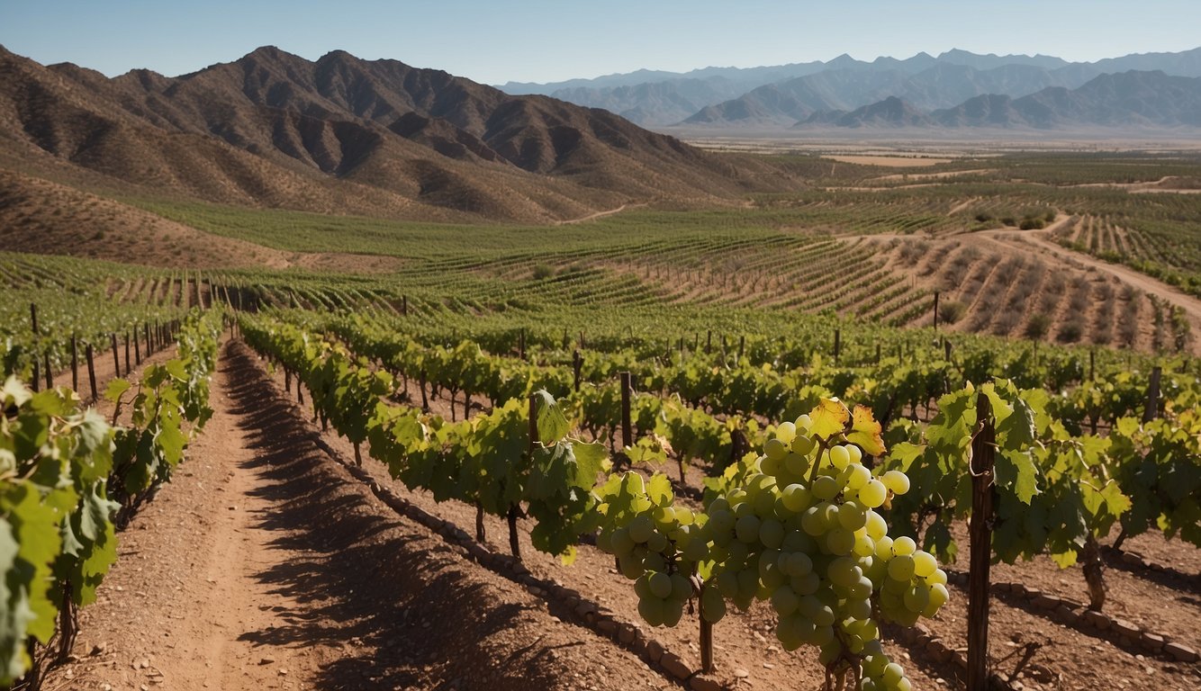 Vineyards sprawl across Arizona's rugged landscape, basking in the warm desert sun. Rows of lush grapevines wind through the rocky terrain, while mountains loom in the distance