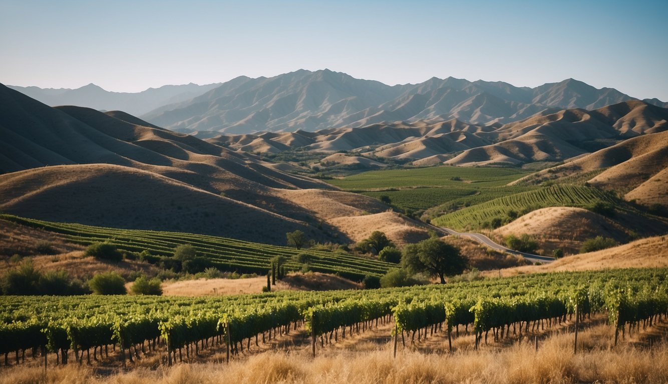 Rolling hills covered in lush green vineyards, nestled against a backdrop of rugged desert mountains under a clear blue sky