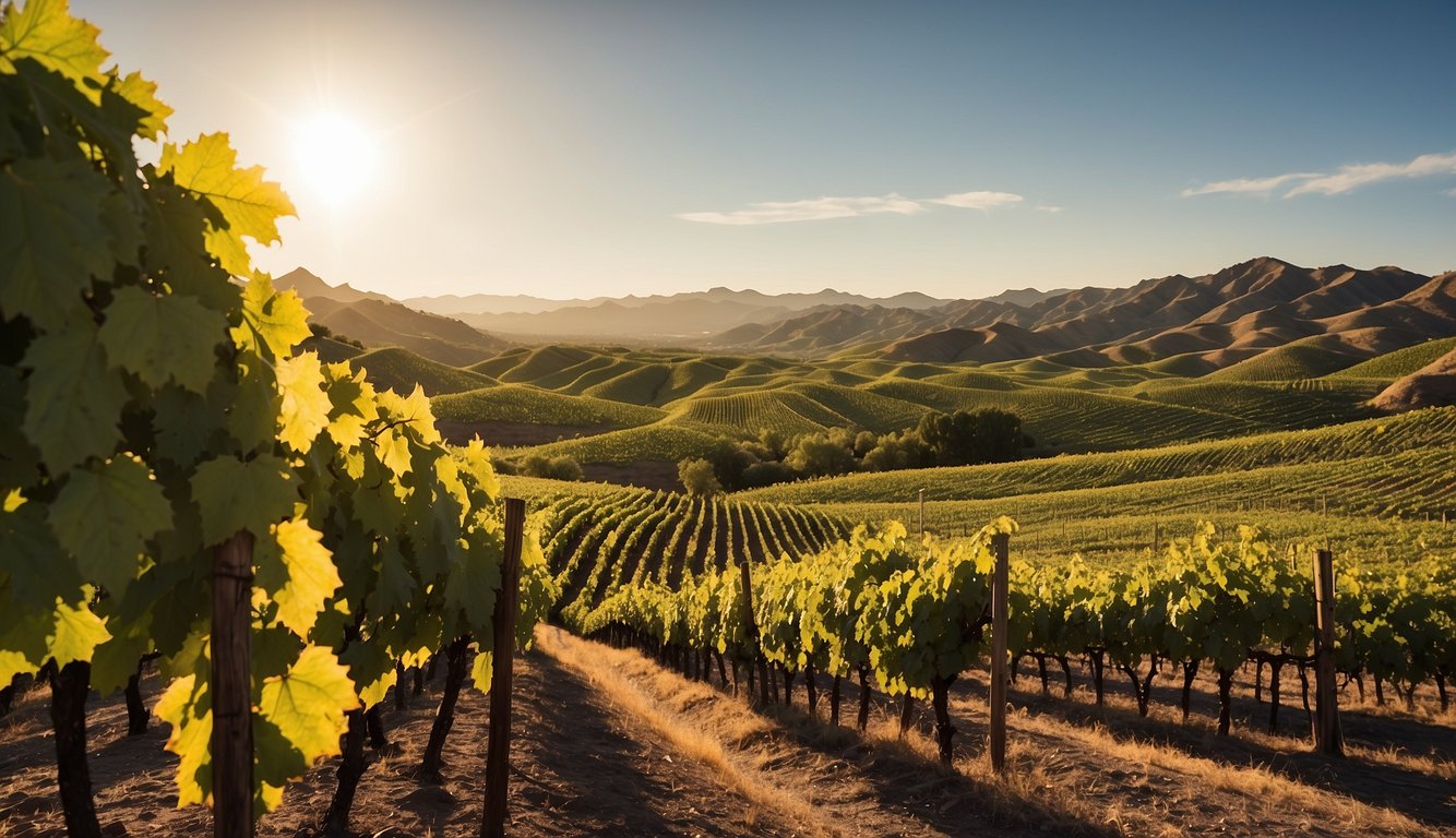 Lush vineyards sprawl across Arizona's rolling hills, showcasing popular grape varieties. The sun casts a warm glow over the 10 best vineyards, creating a picturesque scene for an illustrator to recreate