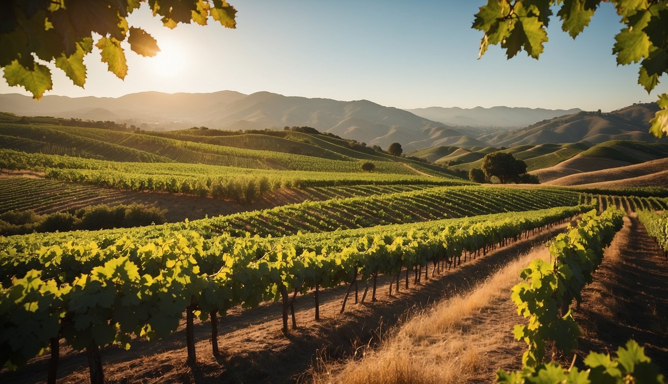 Rolling hills covered in lush green vineyards, with rows of grapevines stretching into the distance under the warm California sun