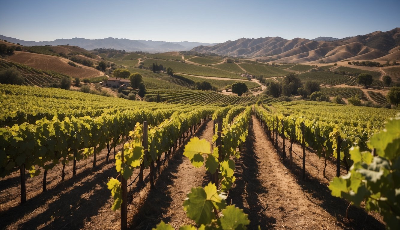 Lush vineyards stretch across rolling hills, with rows of grapevines leading to a grand winery building, Silver Oak Cellars, nestled in the heart of California's wine country
