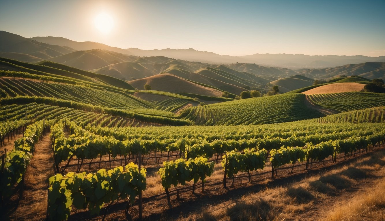 Lush green vineyards spread across rolling hills, with rows of grapevines stretching towards the horizon under the warm California sun