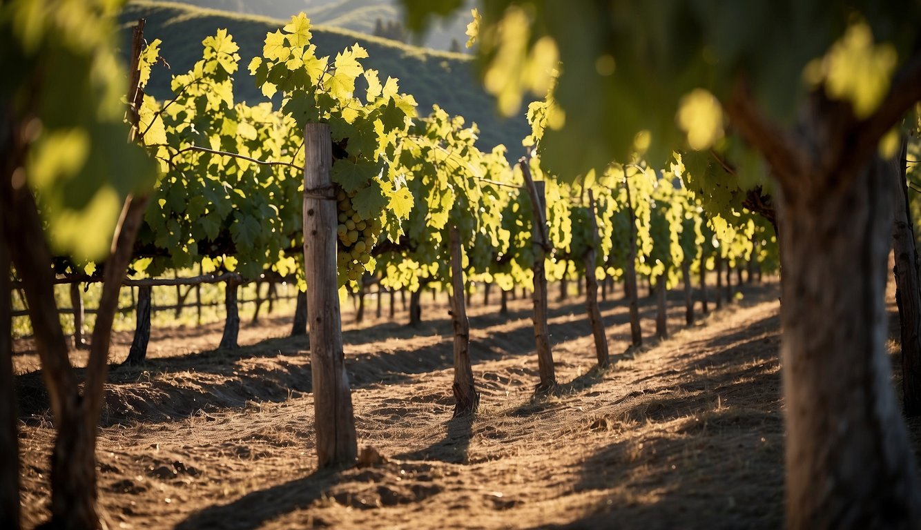 Rolling hills of lush green vineyards at Caymus Vineyards, California. Sunlight filters through the leaves, casting dappled shadows on the rows of grapevines. A charming tasting room sits nestled among the vines