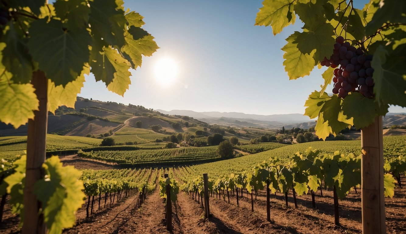 Lush green vineyards sprawl across rolling hills, with rows of grapevines stretching into the distance. A serene, picturesque setting with a charming winery nestled among the vines