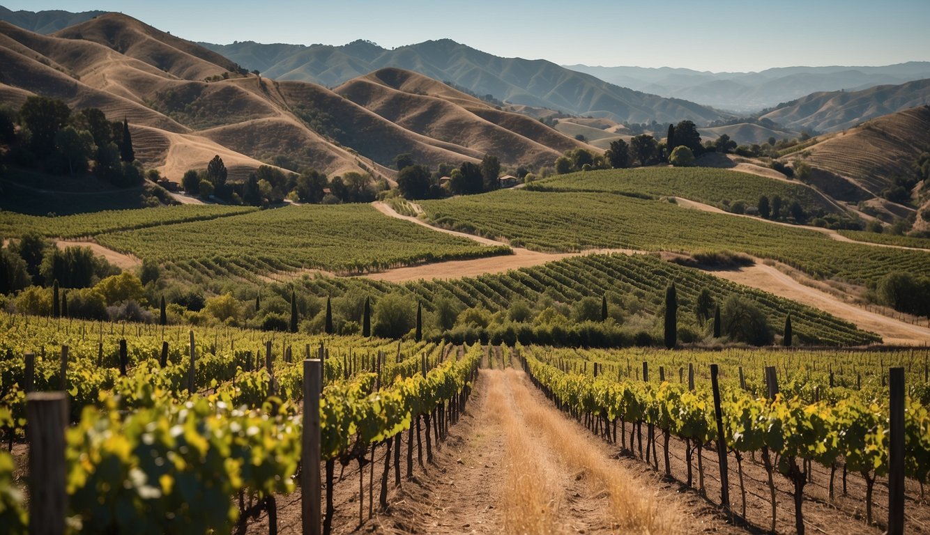 Lush vineyard rows stretch across rolling hills under a sunny California sky, with a winery nestled in the distance