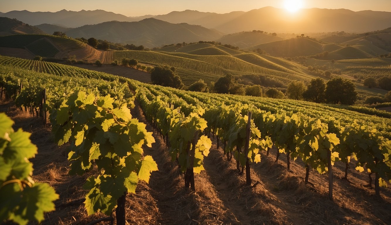 Rolling hills covered in lush green vineyards, with rows of grapevines stretching into the distance. The sun sets behind the mountains, casting a warm glow over the picturesque landscape